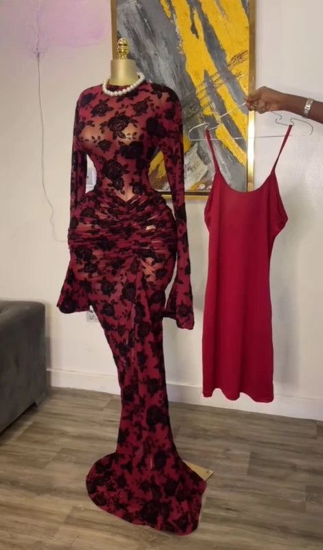 CM.YAYA Women Long Sleeve Stacked Mesh See Though with Lining Bodycon Long Dress 2025 Autumn Evening Birthday Sexy Party Dresses