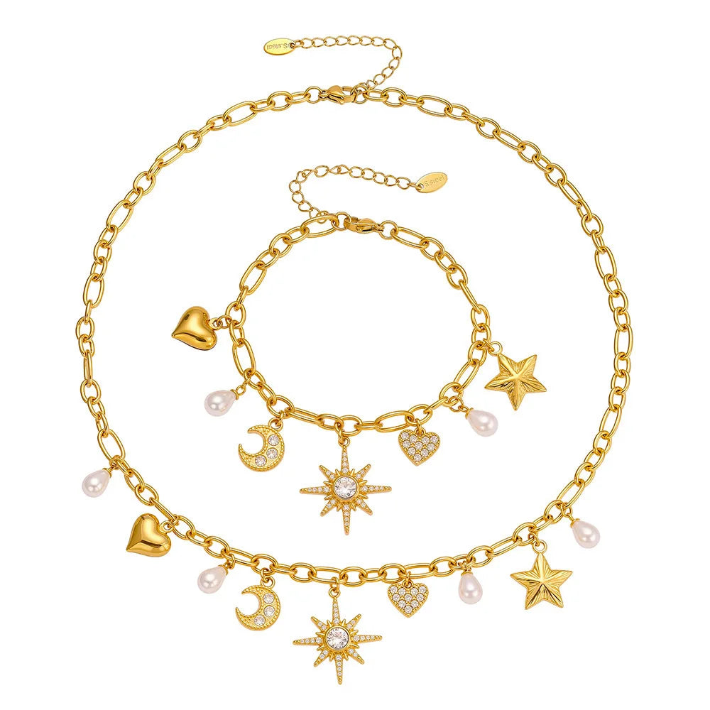 Zircon Heart, Star & Moon Jewelry Set | 18K Gold-Plated Stainless Steel Necklace & Bracelet