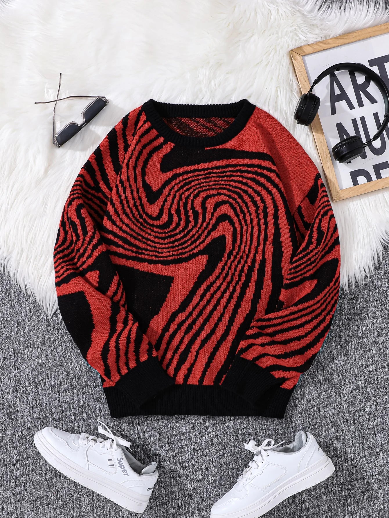 New Popular Autumn and Winter Maze Jacquard Pattern Pullover Sweater Casual Round Neck Contrast Color Knitted Men's Pullover