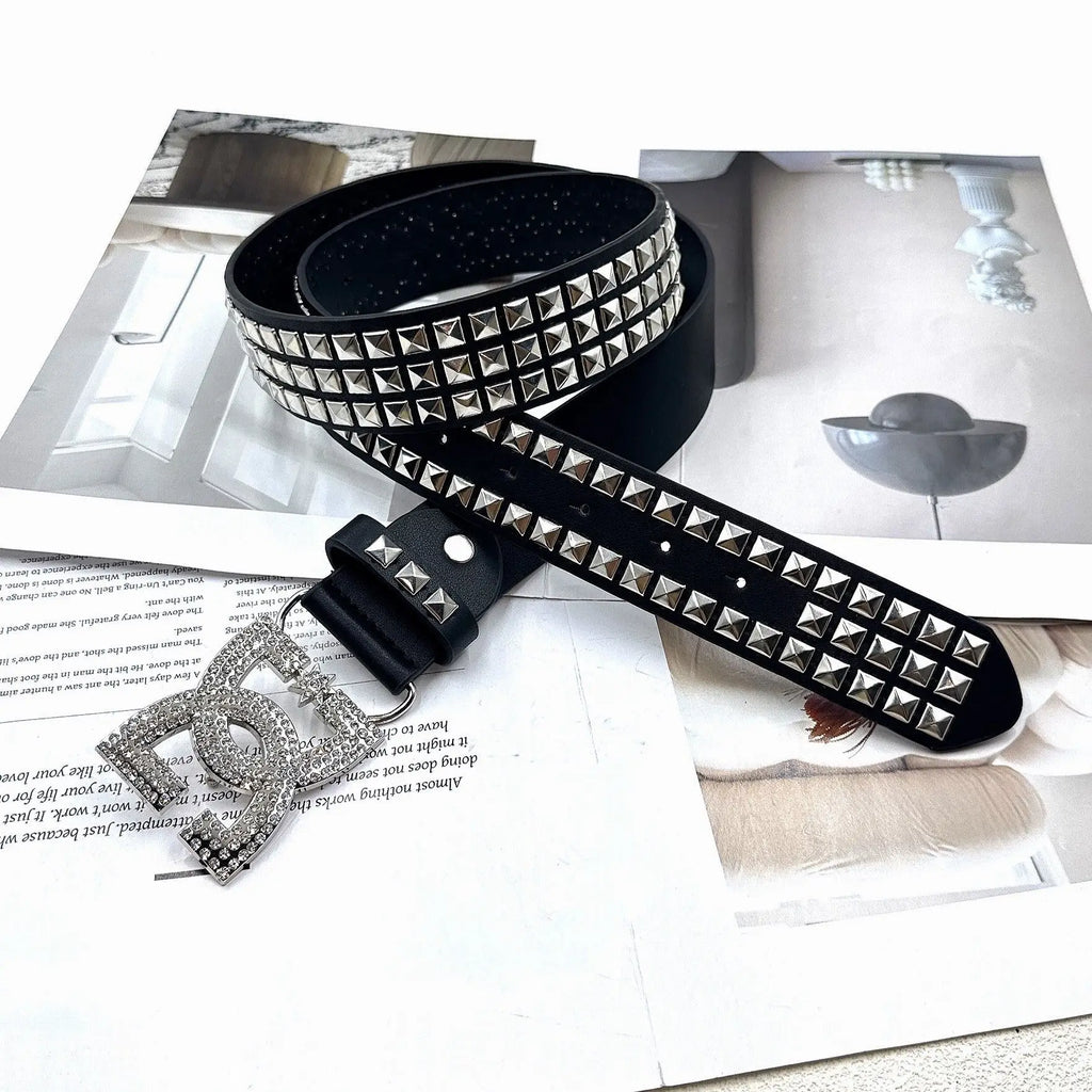 YK2 luxury·hot girl women's rhinestone belt, unique punk fashion rivet leather belt, versatile embedded decorative belt