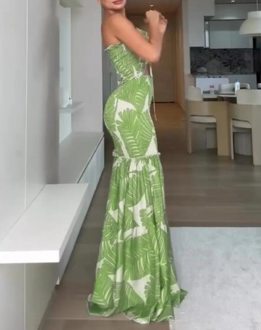Spring Women Halter Dress Print Mermaid Long Dresses Bodycon Dress Female Summer New Fashion Holiday Sexy Lady Clothes