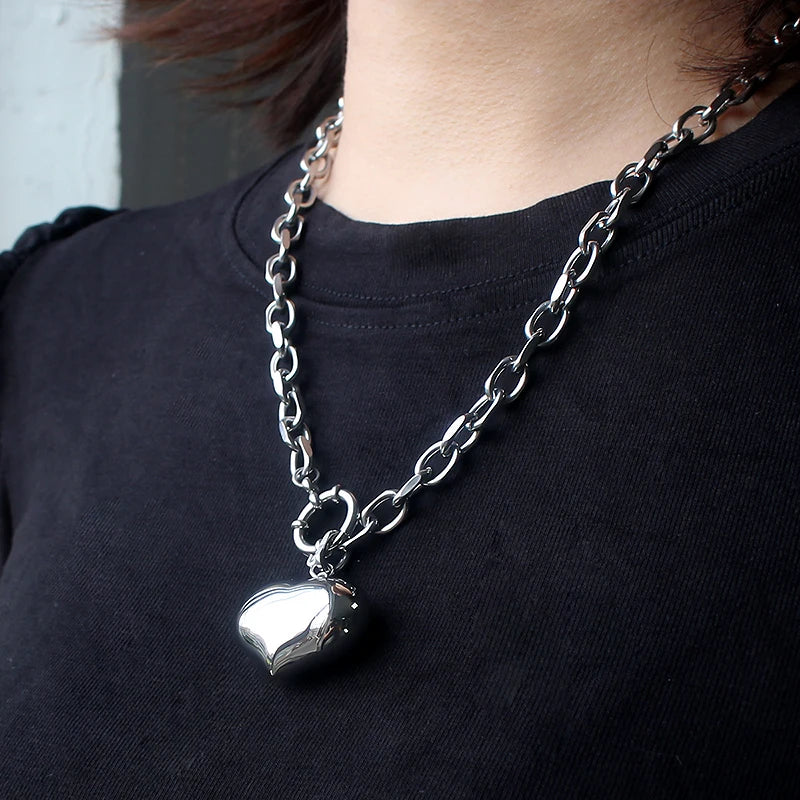 Stainless Steel Heart Pendant Necklace | Silver Couple Lover Chain for Men & Women