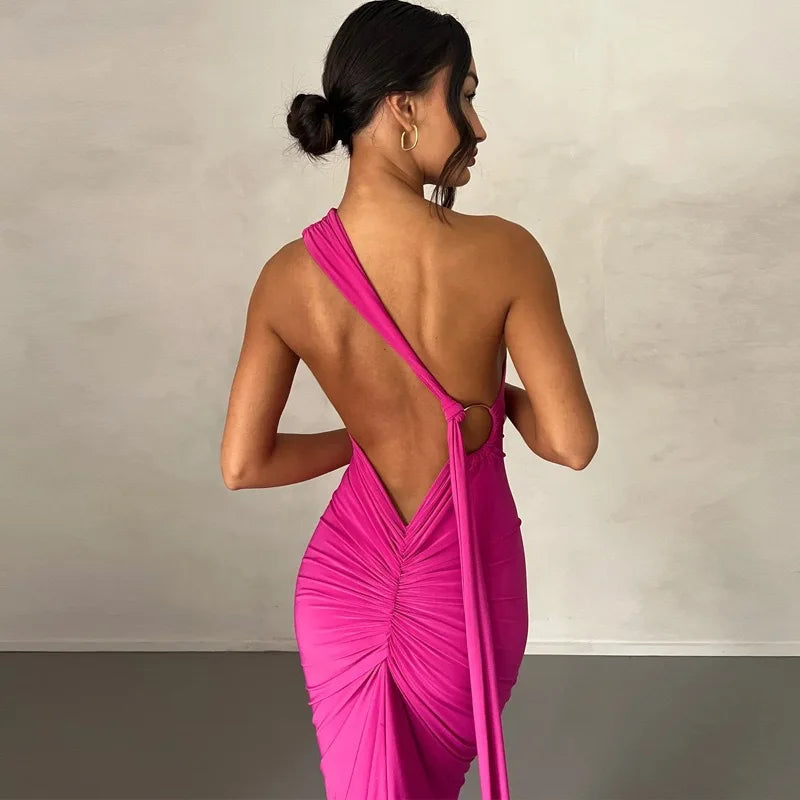 Women's One-Shoulder Sleeveless Maxi Dress Adjustable Scarf Loop Ruched Backless Bodycon Festival Party Outfit Elegant Long Gown