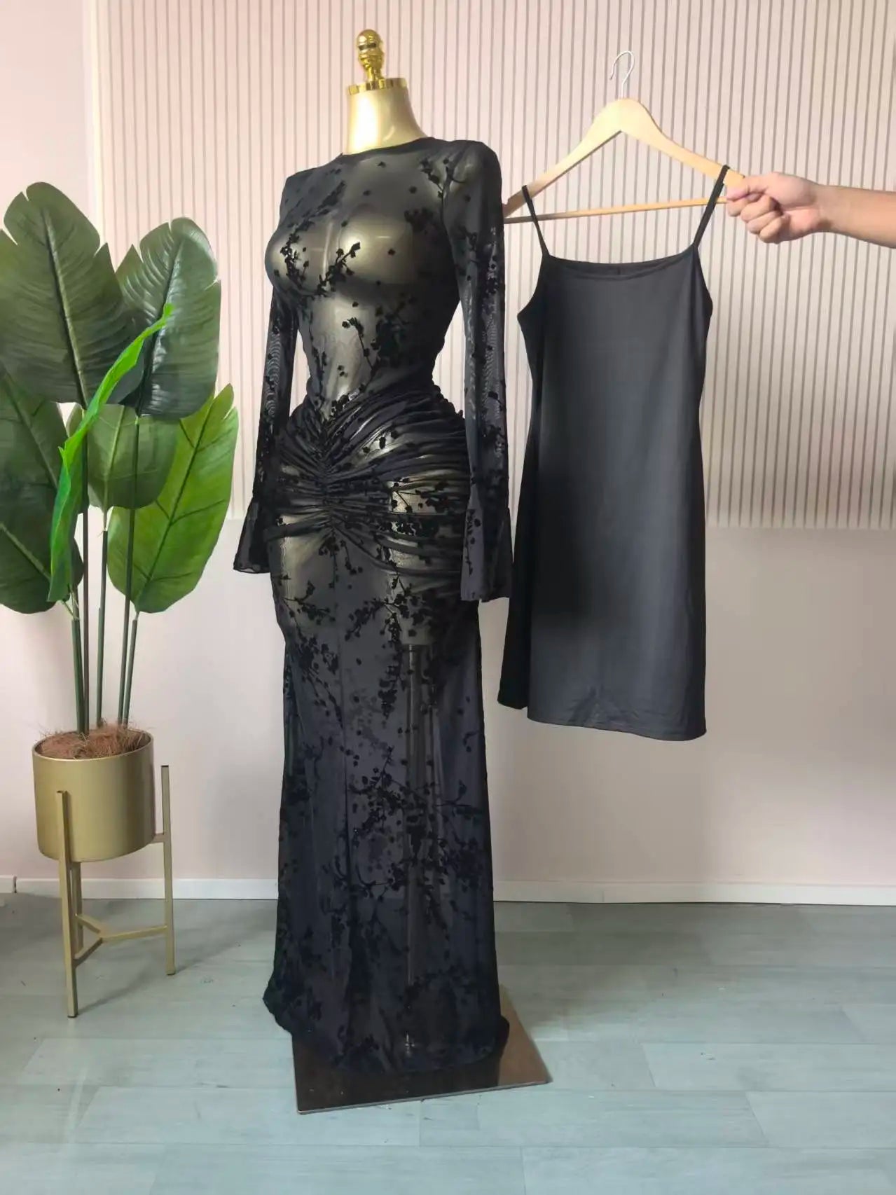 CM.YAYA Women Long Sleeve Stacked Mesh See Though with Lining Bodycon Long Dress 2025 Autumn Evening Birthday Sexy Party Dresses