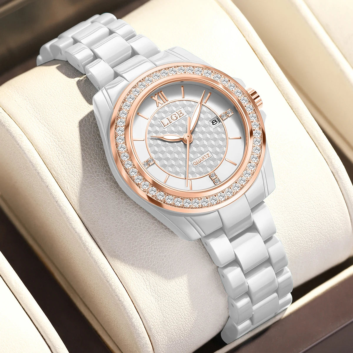 New LIGE Fashion Quartz Watch for Women Ceramics Strap Waterproof Date Women's Watches Elegant Luxury Diamond Ladies Wristwatch