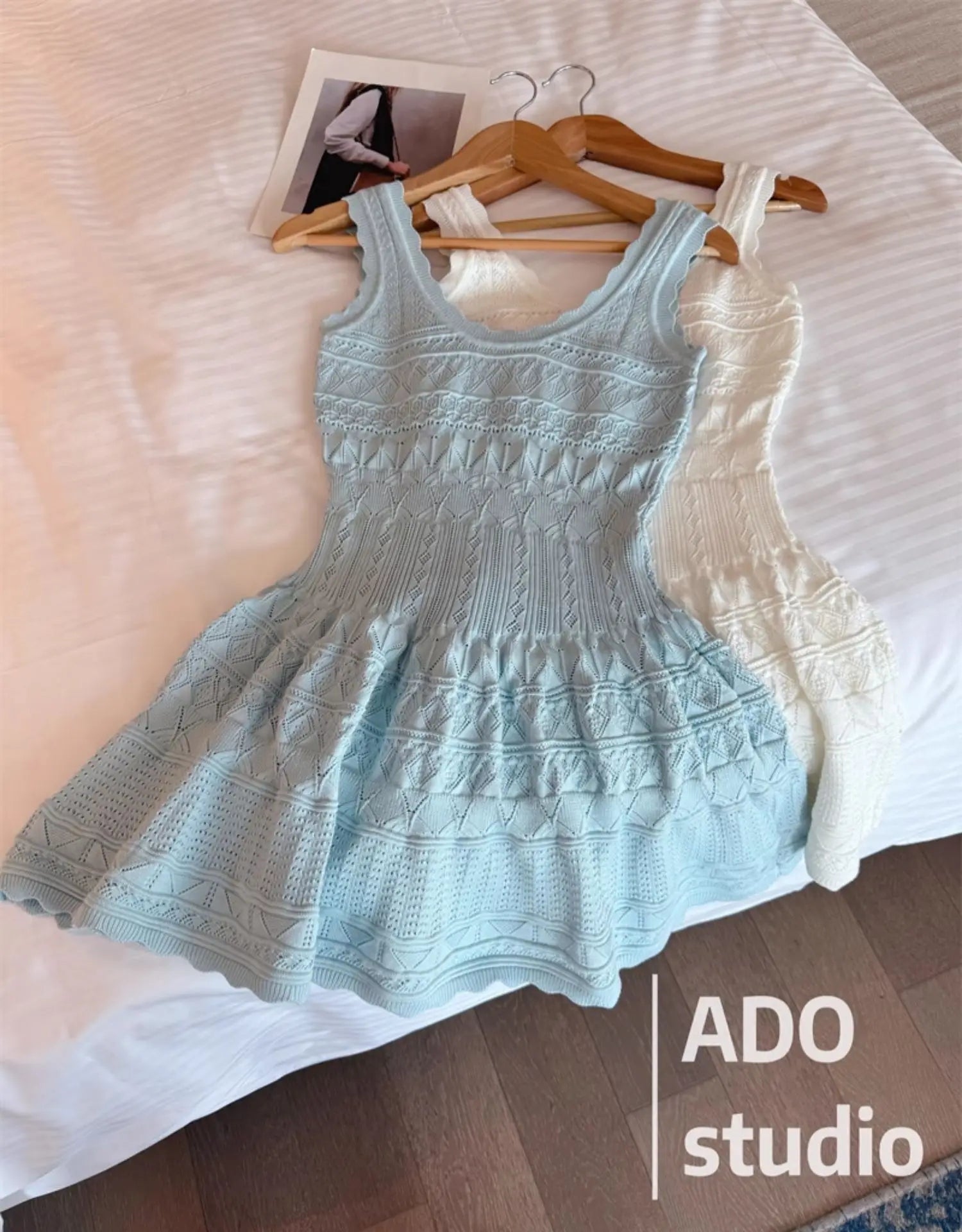 Korobov Solid Color Sweet A-line Dresses Ruffled Knitted Vest Dress for Women Summer French Style Hollow Short Skirt