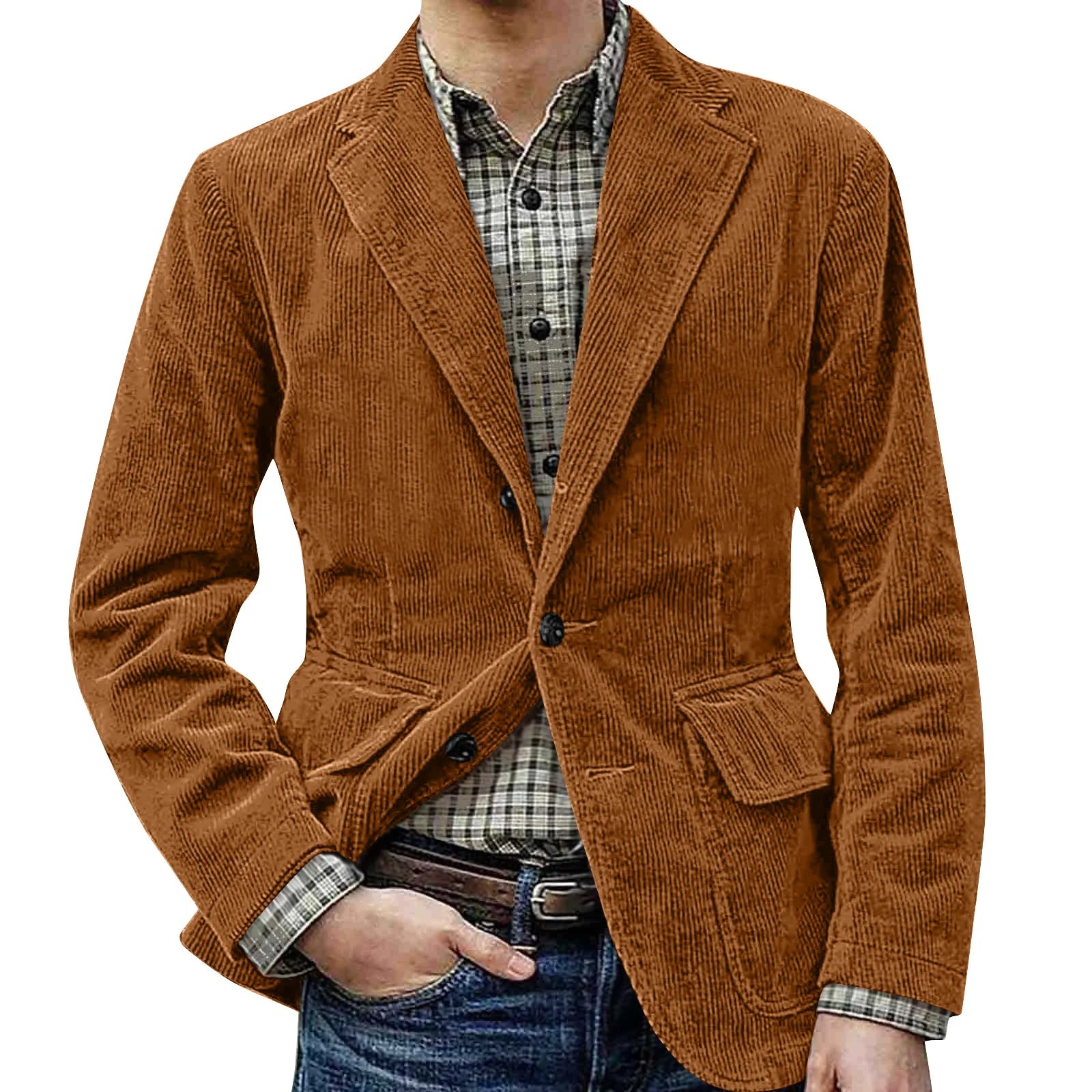 Corduroy Warm Pocket Suit Jacket Men'S Solid Color Cardigan Casual Suit Winter Fashion Single-Breasted Warm Top Jacket