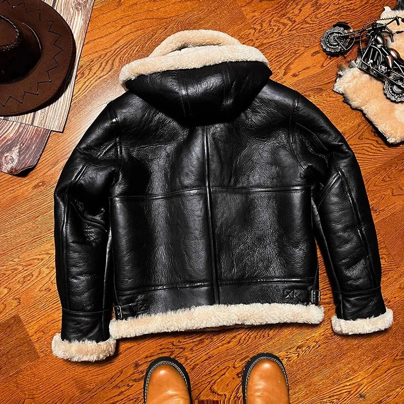 CC Shop Best.Mens High quality 100% real fur jacket.Classic B3 winter warm thick leather coat.narural sheepskin with wool.Thick