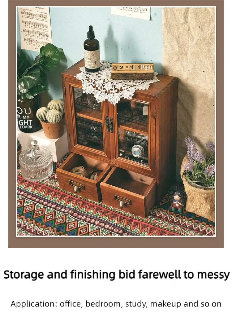 Nordic solid wood retro wooden double door display cabinet miscellaneous cosmetics storage cabinet drawer desktop storage box