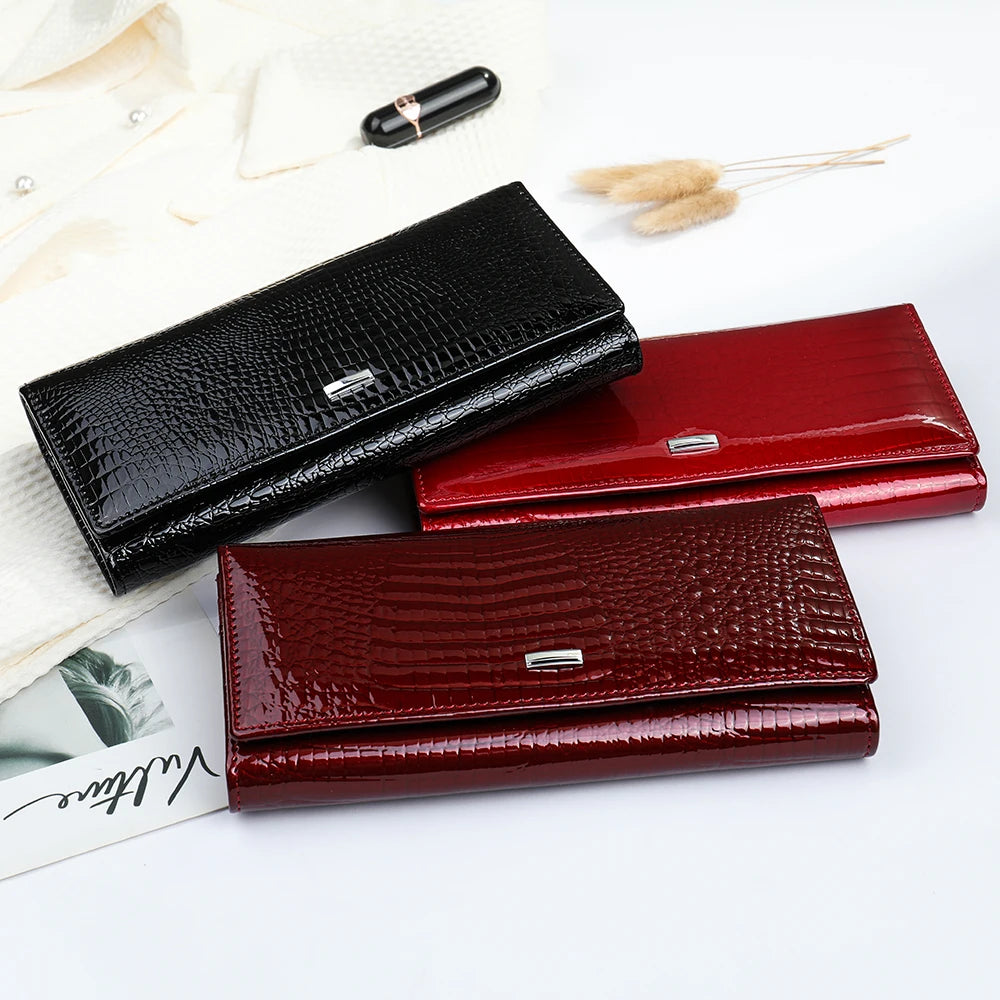 Women's Genuine Leather Wallet - Vintage Crocodile Pattern with Top Handle Buckle Closure, Flap Design, Birthday Gift