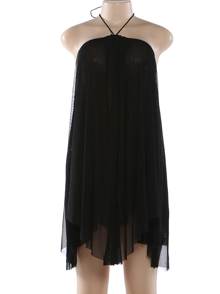 Nibber Asymmetrical Hem Dress Women Halter Bandage Sleeveless Backless Solid Beach Party Sexy 2026 Summer New Trend Mini Bodycon