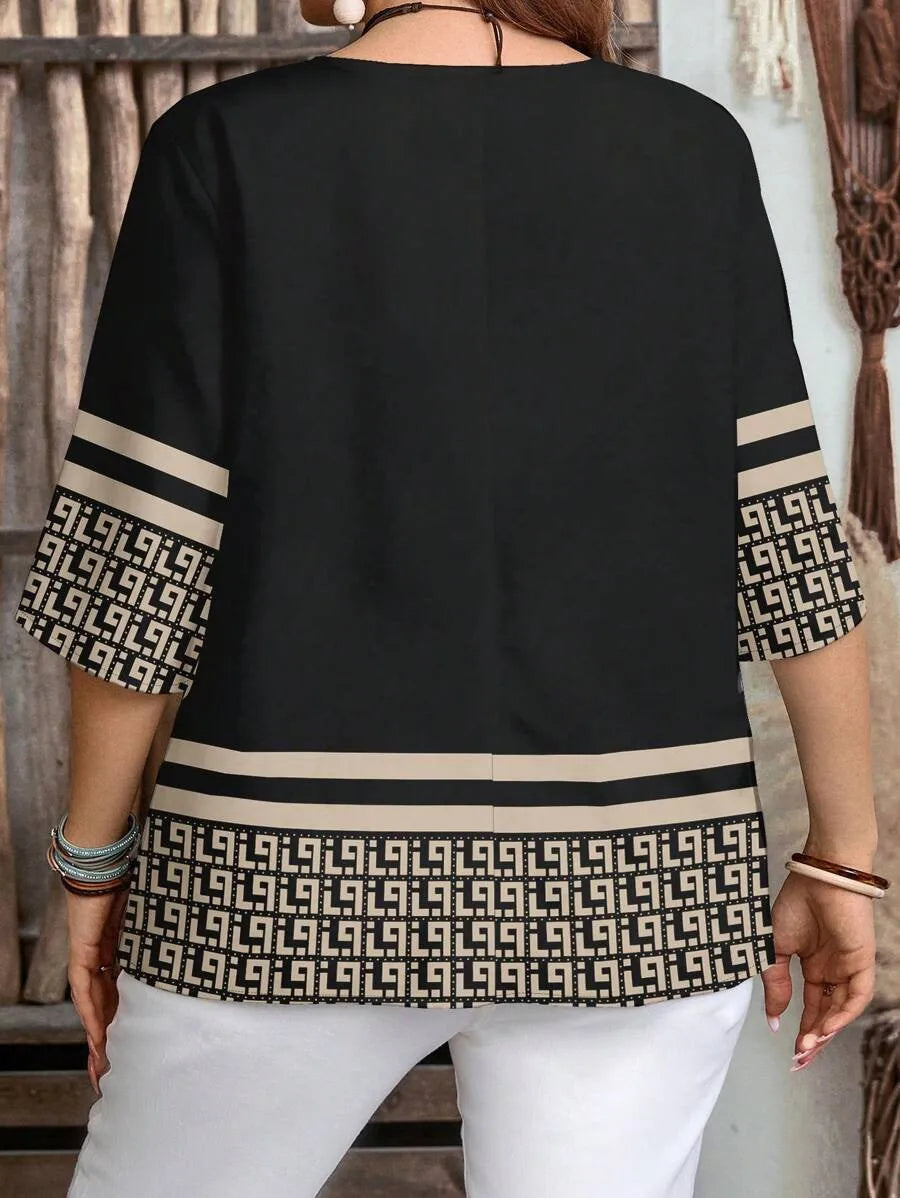 Plus size women's spring/summer/autumn new retro pattern front button leisure short sleeve shirt essential summer outfit