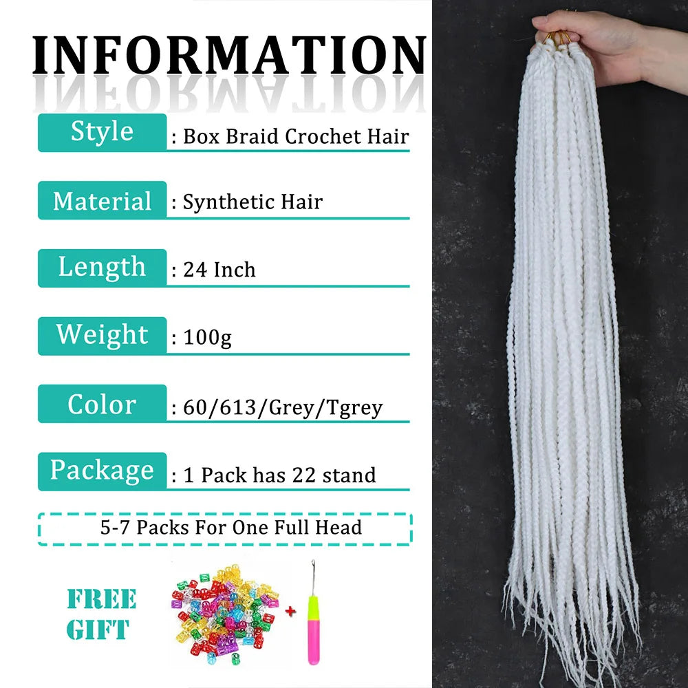 White Box Braids Crochet Hair 24 Inch Goddess 3X Box Braiding Hair Extensions Pre Looped #60 Synthetic Colored Braids for Women