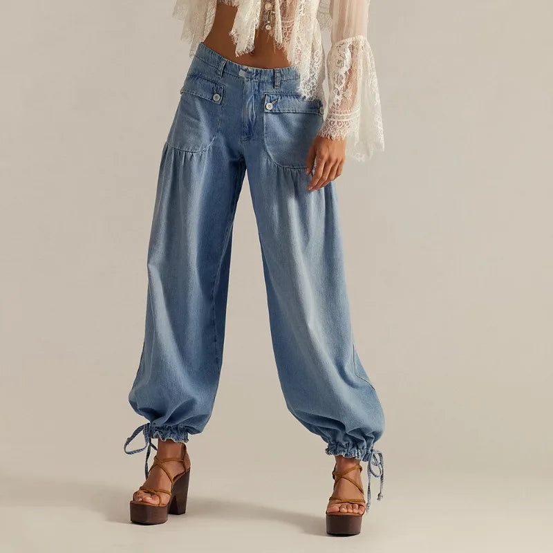 Women Jeans Vintage Elastic High Waist Baggy Harem Jeans Joggers Wide Leg Denim Pants High Rise Sweatpants Tapered Leg Trousers