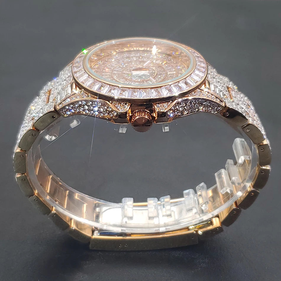 MISSFOX Full Iced-Out Men’s Watch | Luxury Diamond Silver Stainless Steel Quartz with Auto Date