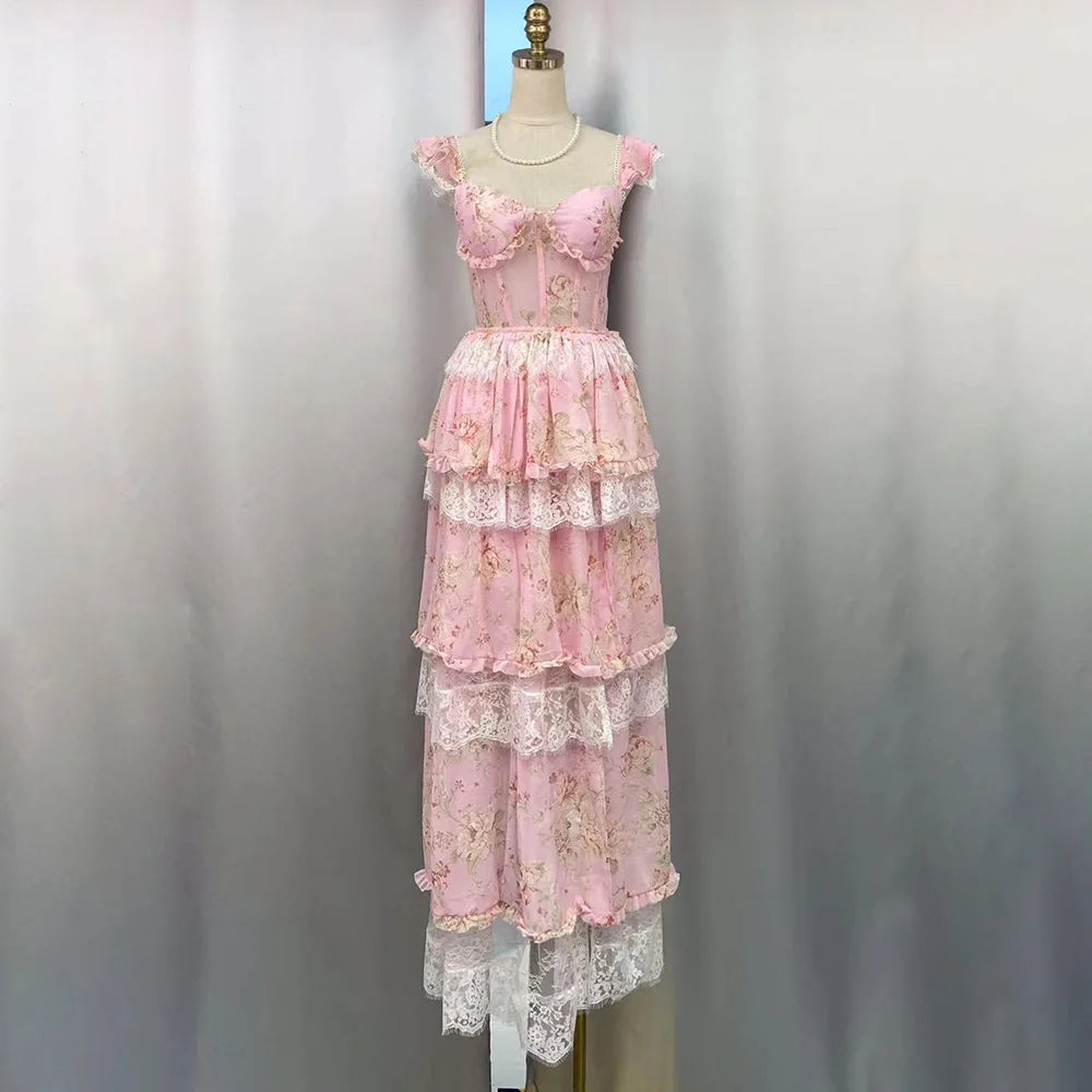 TWOTWINSTYLE Colorblock Slimming Spliced Lace Dresses for Women Square Neck Sleeveless Patchwork Printing Dress Female Clothes