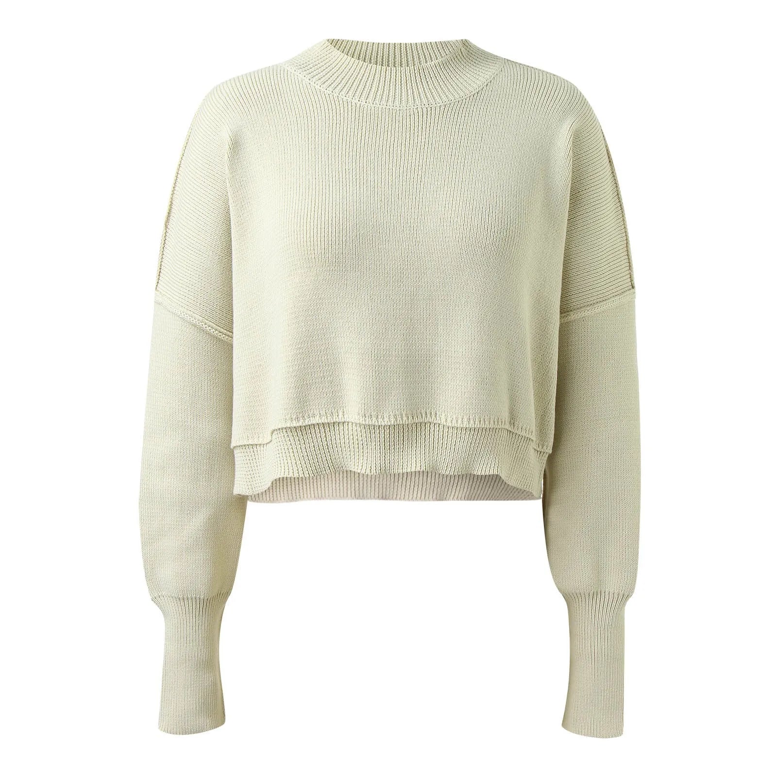 ZOMAXIUJEE 2024 Fall Cropped Knit Sweater – Crew Neck, Puff Sleeve, Oversized Pullover for Women