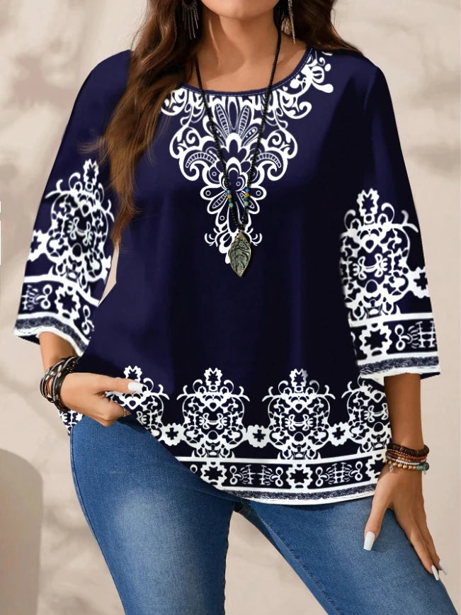 Plus Size Women’s Boho Floral T-Shirt – Navy Blue, 3/4 Sleeves