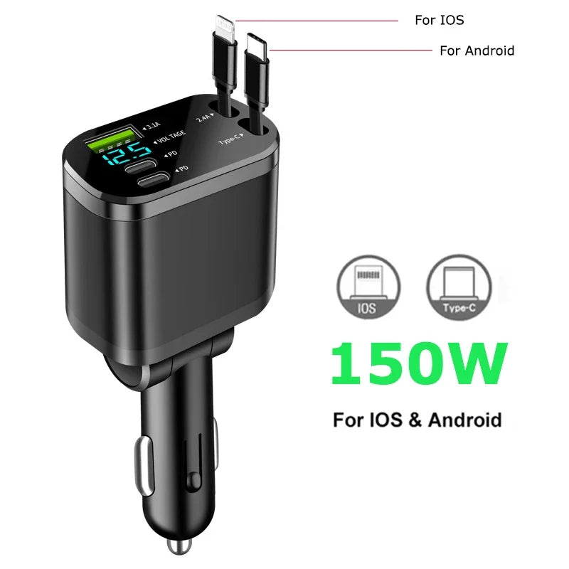 150W Car Charger PD30W Car Cigarette Lighter Adapter Voltage Display With Retractable Cable Fast Charger 22.5W For IOS Android