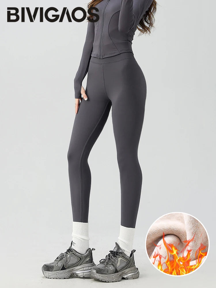 BIVIGAOS Snowflake Velvet Warm Sharkskin Leggings — Fleece-Lined High-Waist Winter Pants for Women