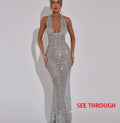 Giyu Sexy Glitter Sparkle Sequined Club Evening Party Dresses Women 2025 Summer Autumn Halter Backless Bodycon Maxi Long Dress