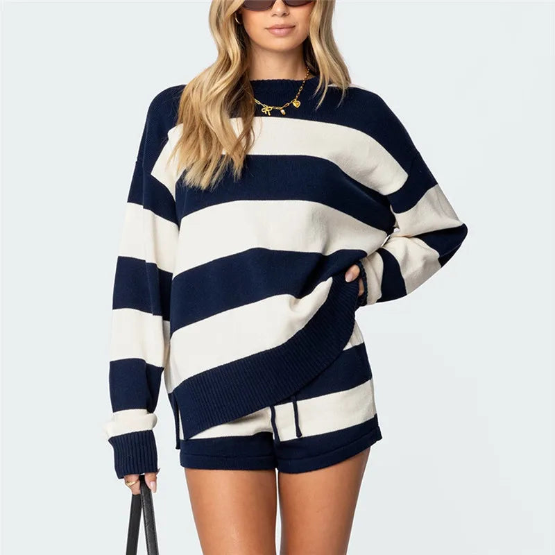 Women’s Y2K Striped Knit Lounge Set – Long Sleeve Top & Drawstring Shorts
