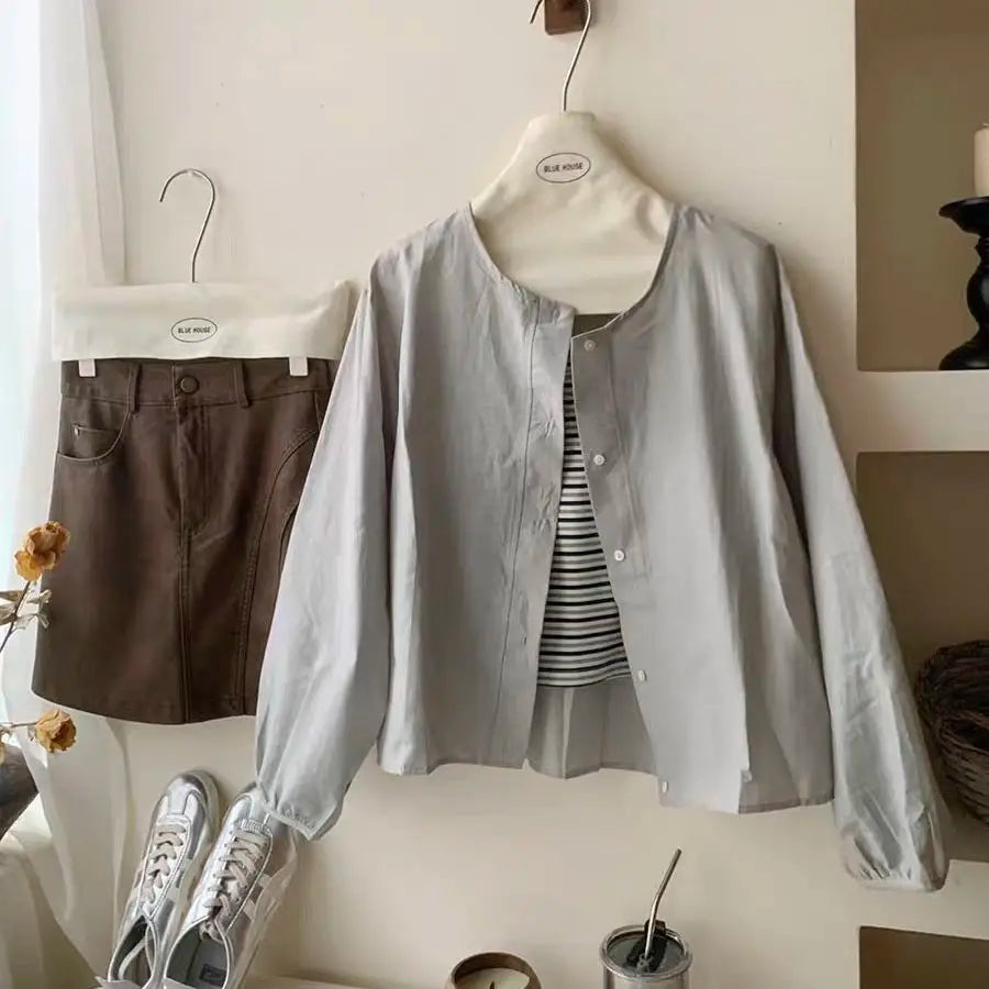 Fall Korean Sle Casual Long Sve irt Women's Versatile Artistic Outerwear round Ne Top Coat Women Loose Fit Commute S...