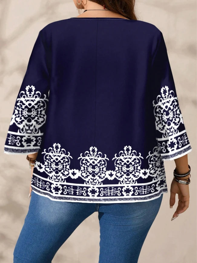 Plus Size Women’s Boho Floral T-Shirt – Navy Blue, 3/4 Sleeves