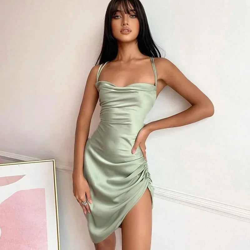 Lucyever Sexy Backless Stretch Spaghetti Strap Dress Women Summer Satin Slim Sleeveless Party Dresses Elegant Club Bodycon Dress