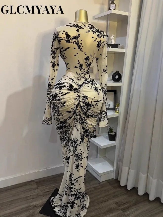 CM.YAYA Women Long Sleeve Stacked Mesh See Though with Lining Bodycon Long Dress 2025 Autumn Evening Birthday Sexy Party Dresses