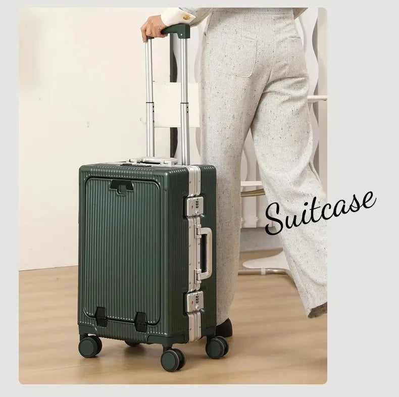 Suitcase Front Opening Pocket Aluminum Alloy Frame Rolling Luggage with USB Charging Plug Trolley Carry-on Case Bag with Wheel