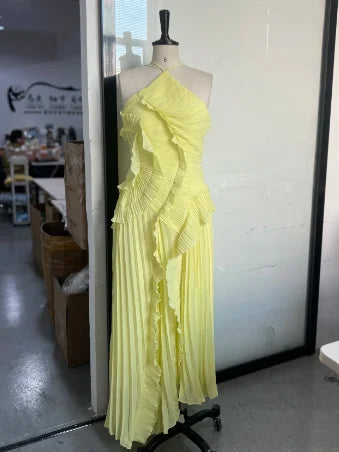 Elegant Neck Strap Ruffles Evening Gown Solid Folds A Line Lace Up Backless Sexy Party Dress 2025 New Party  Vacation Y2k Robe