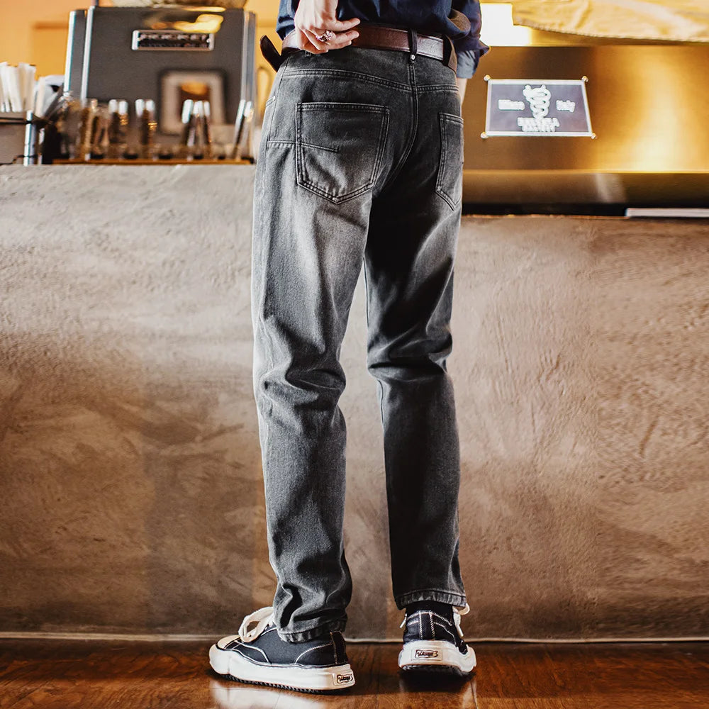 Maden Vintage 13oz Heavyweight Washed Gray Denim Jeans Men's Straight Leg Tapered Pants Casual Trousers for Spring and Fall