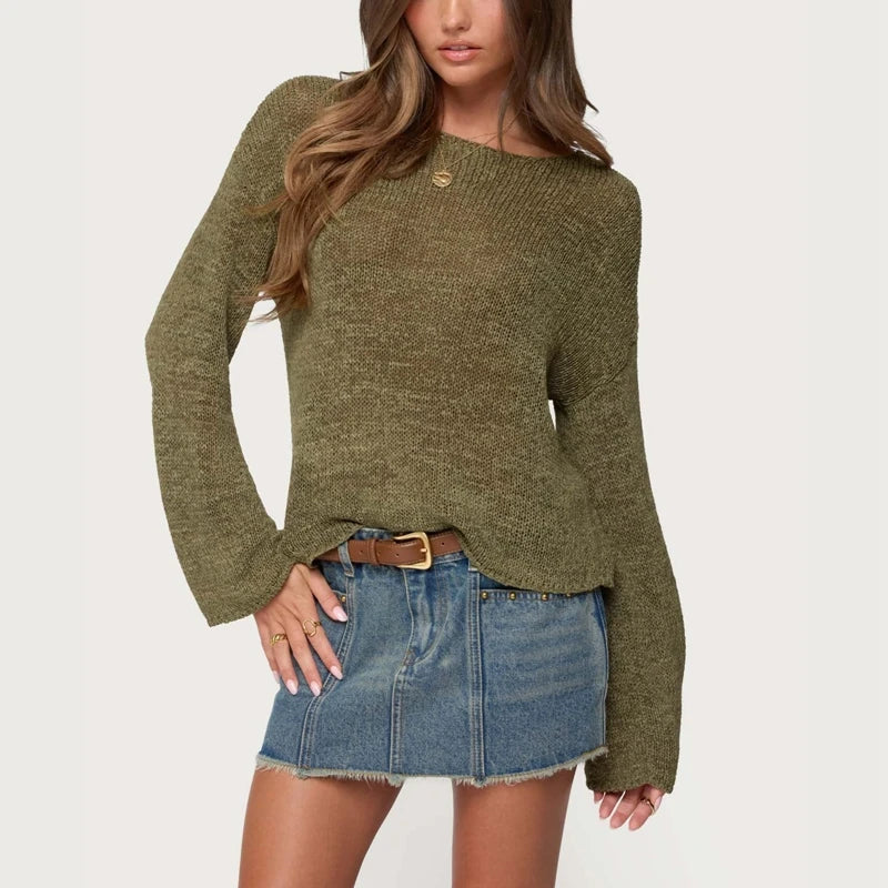 Women’s Y2K Sheer Knit Sweater – Oversized Striped Pullover