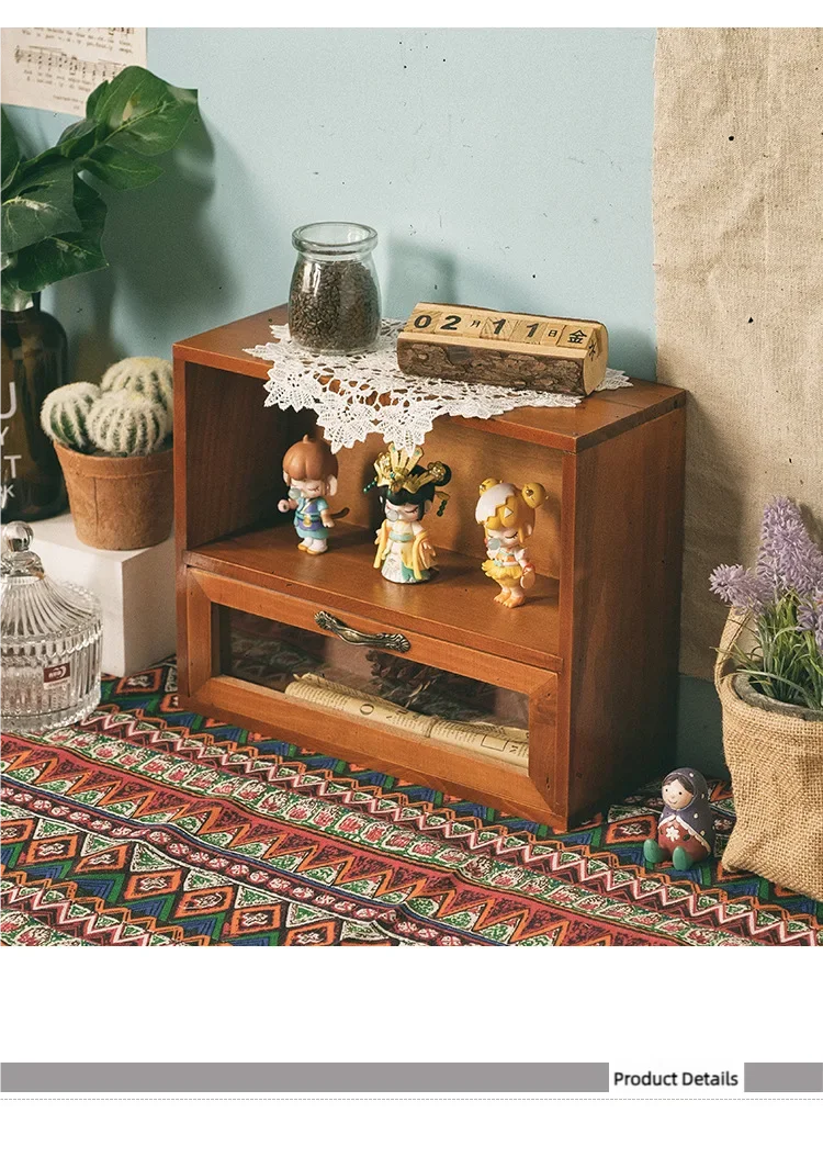 Nordic solid wood retro wooden double door display cabinet miscellaneous cosmetics storage cabinet drawer desktop storage box