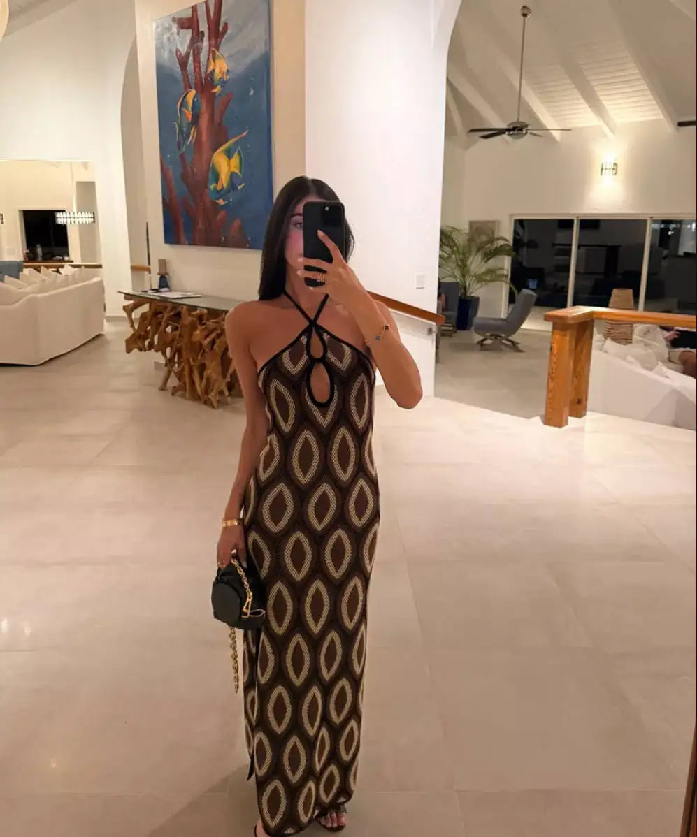 Tossy Knit Printed Hollow Out Long Dress Women Bandage Backless Contrast Beach Holiday Dress Clothes Female Boho Knitwear Dress