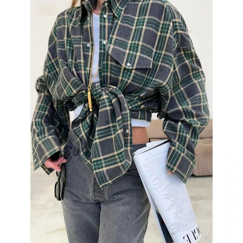 Fashion Baggy Plaid Women'S Blouse Elegant Lapel Long Sleeve Shirts And Blouses Vintage Pocket Lace-Up Top Female 2025