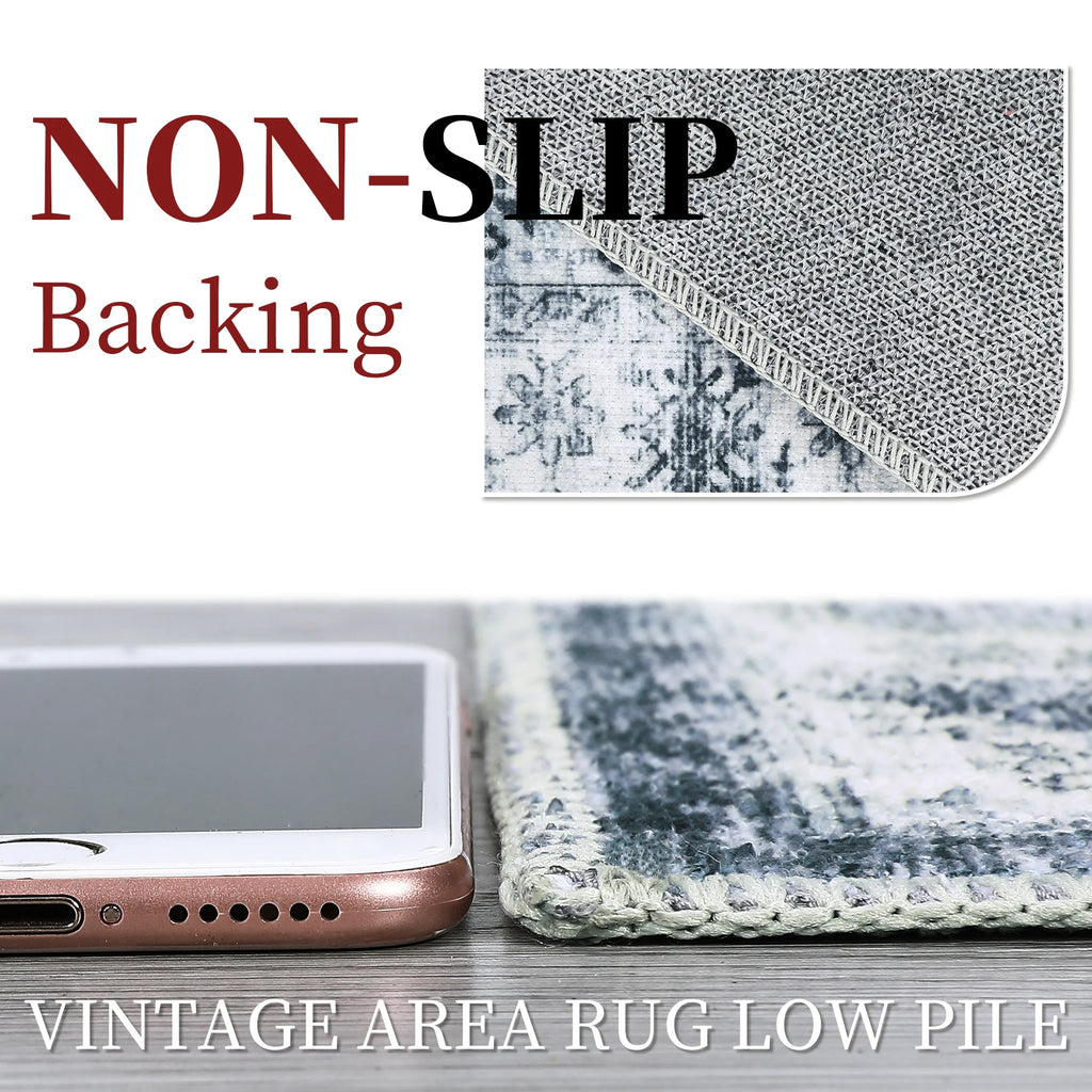 Washable Vintage Area Rug 8×10 – Neutral Distressed Farmhouse