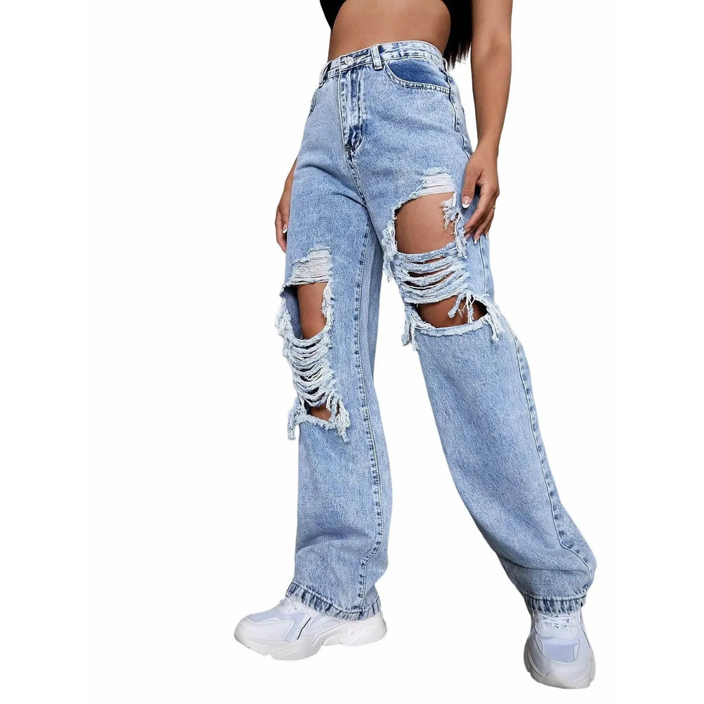 Women’s High-Waist Ripped Jeans – Mid-Stretch Trendy Denim