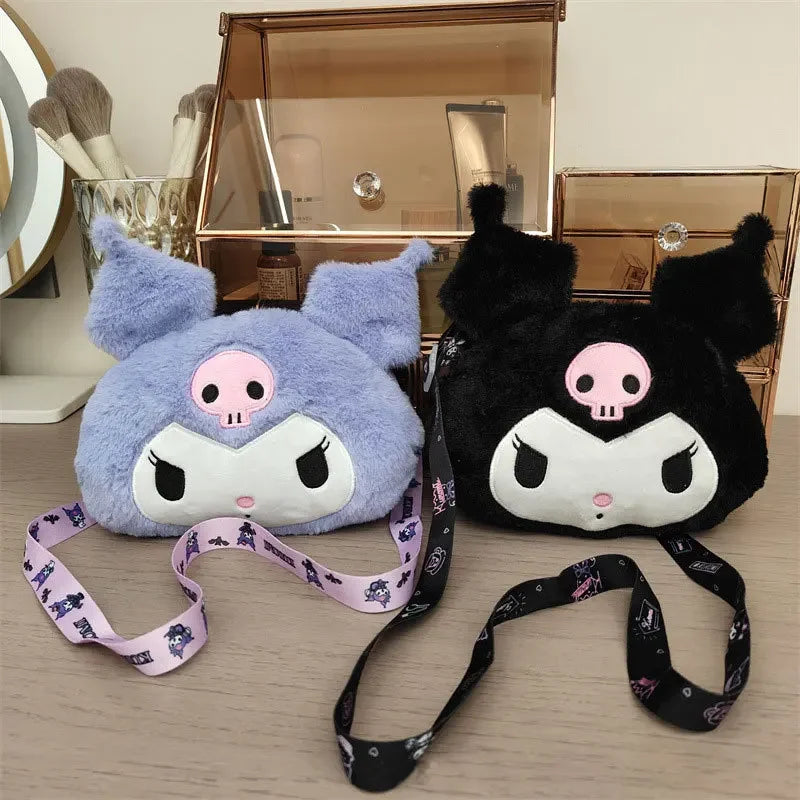 New Sanrio Cartoon Kuromi Skull Plush Bag Shoulder Bag Girl Cute Sweet Girl Heart Handbag Crossbody Bag Plush Money Storage Bag