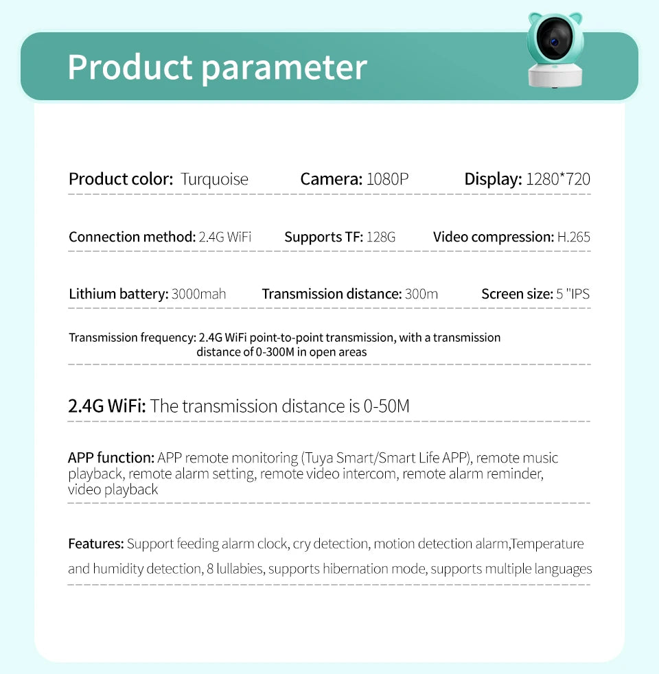 DANMINI 5" Tuya Smart Baby Monitor | 2K HD WiFi Remote Camera