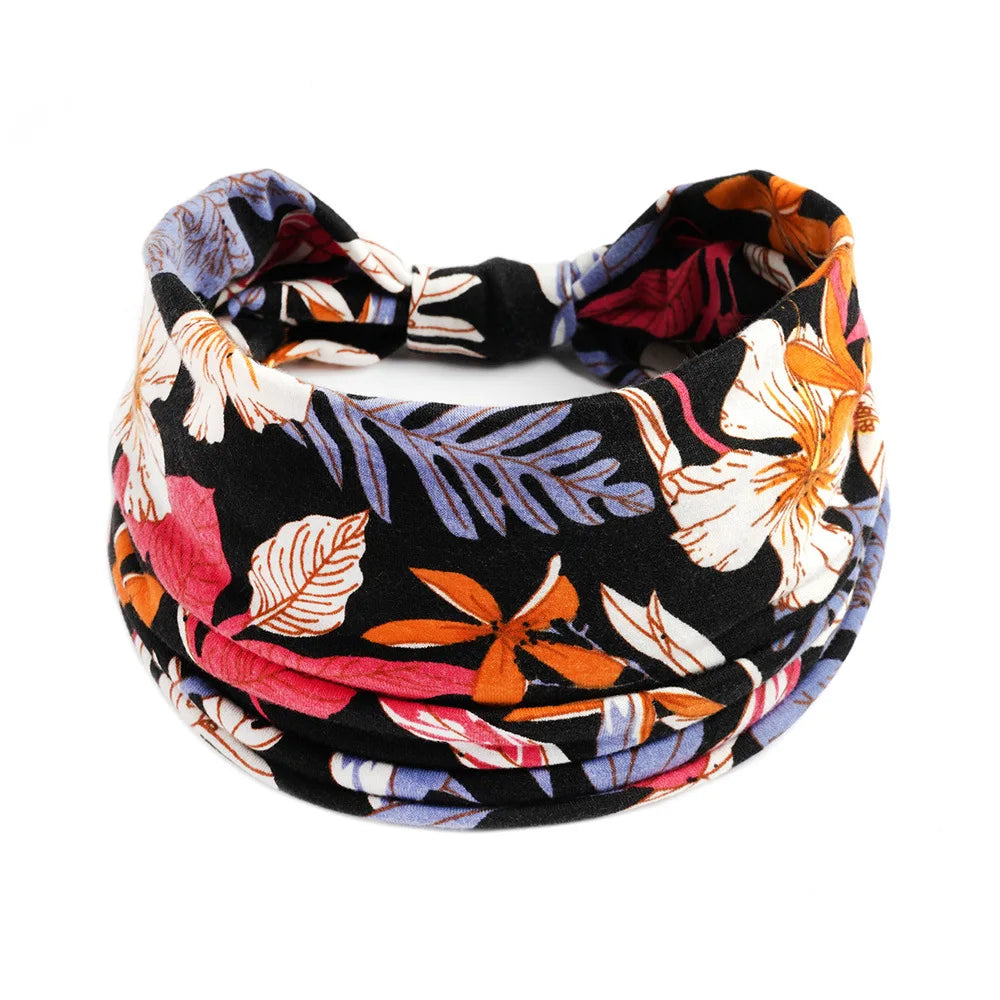 Boho Wide Knot Floral Cotton Headband | Stretch Turban Hair Scarf for Women