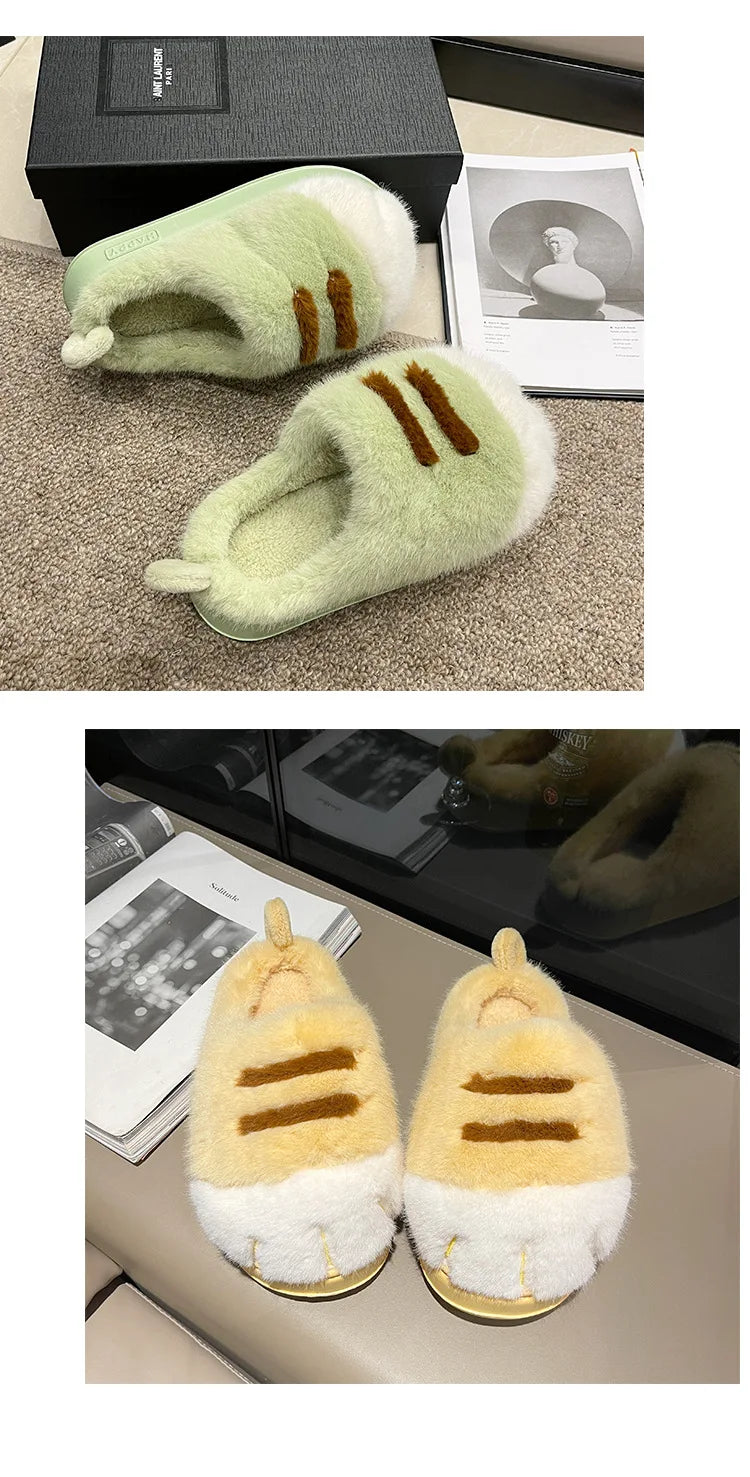 New Adorable Kitty Claw Slippers Women's Home Shoes Non Slip Furry Mules Female Fashion Warm Fluffy Slides Outdoor Cat Slippers