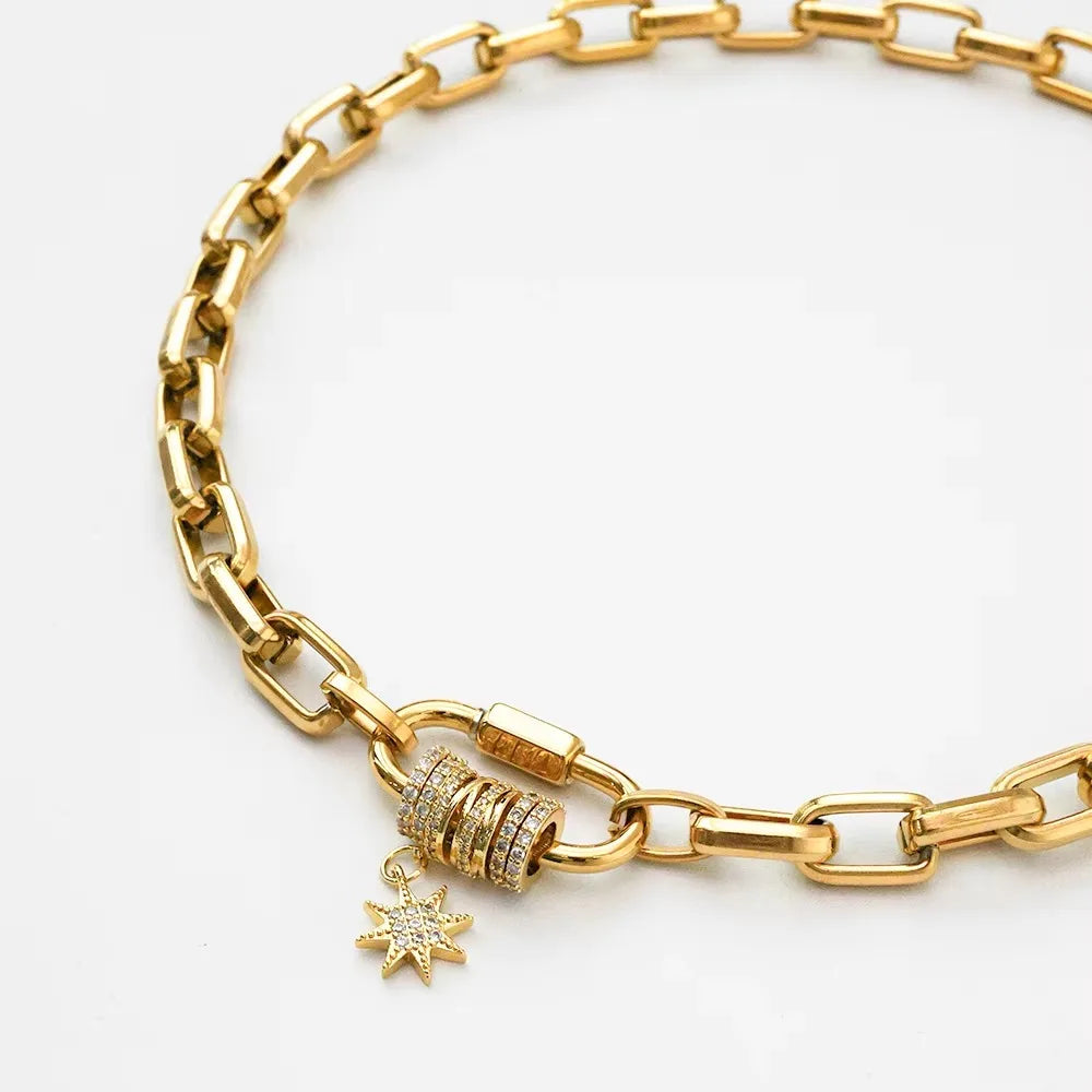 2025 Luxury Gold-Plated Chunky Chain Necklace | Stainless Steel Carabiner Design with Zircon Charms