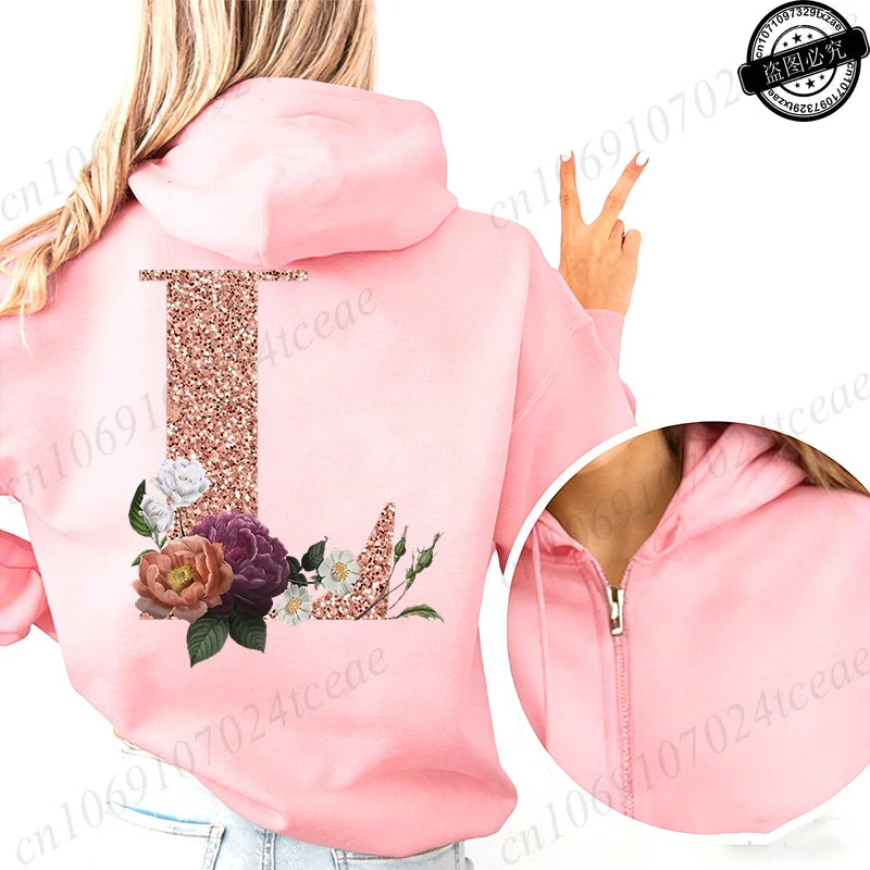 Women Zip Up Hoodies Rose Gold Letter A~Z Zipper Jackets Coats Autumn Winter Hoody Sweatshirt Fashion Casual Zip Pink Hoodie Top