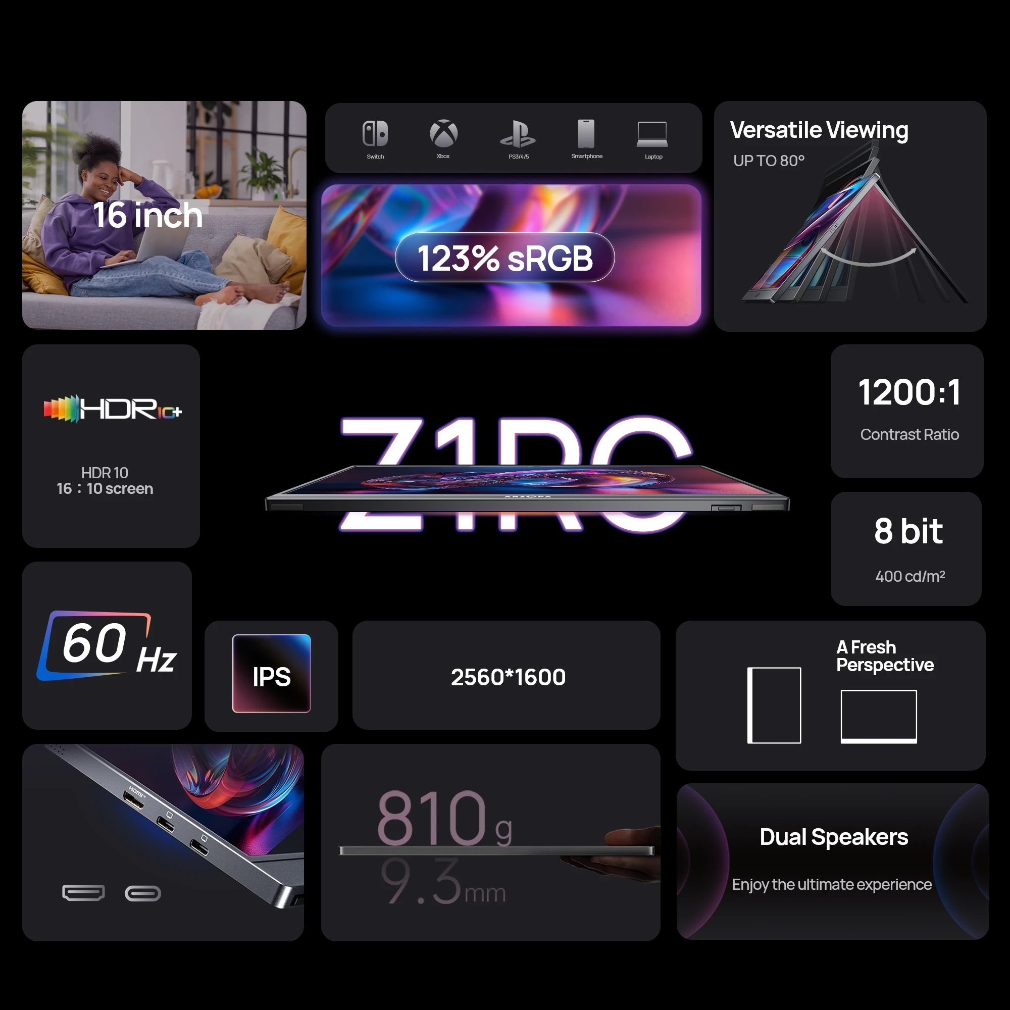 ARZOPA Z1RC 16" 2.5K Portable Monitor — 16:10 IPS | 100% sRGB | HDR10