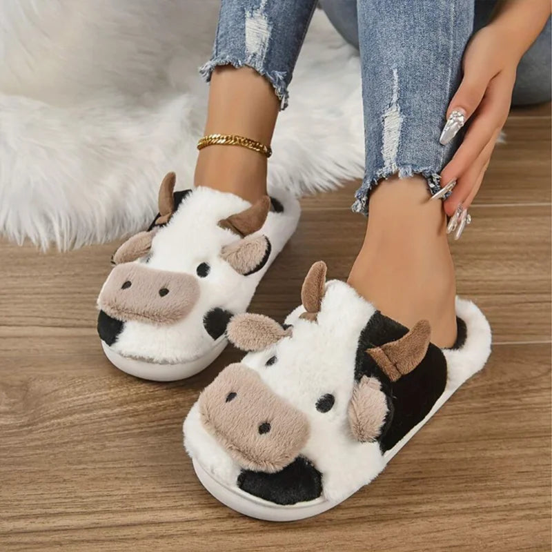 Soft Cow Slippers for Women - Cozy Animal-Themed Home Shoes Fluffy Winter Shoes for Women House Slippers