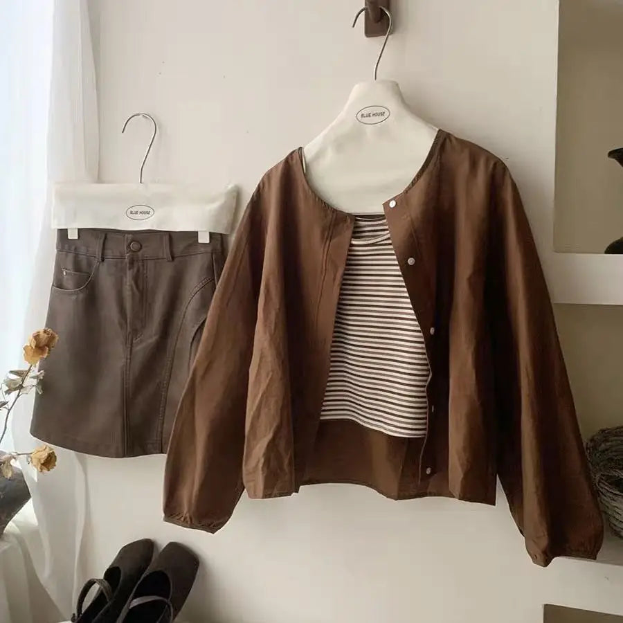 Fall Korean Sle Casual Long Sve irt Women's Versatile Artistic Outerwear round Ne Top Coat Women Loose Fit Commute S...