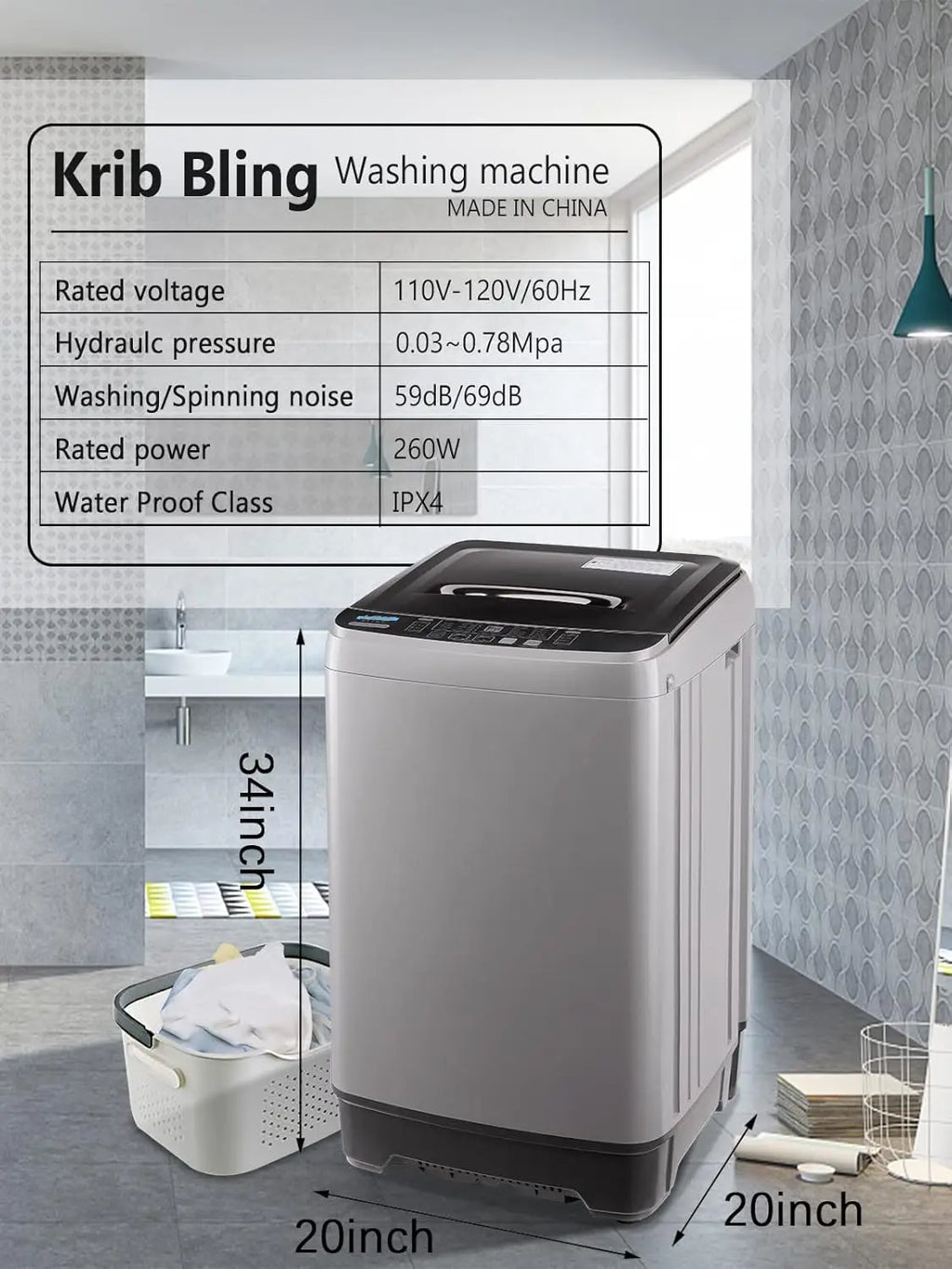 KRIB BLING Full Automatic Washing Machine with LED Display 17.7 lbs Portable Washer Drain Pump 10 Programs & 8 Water Levels