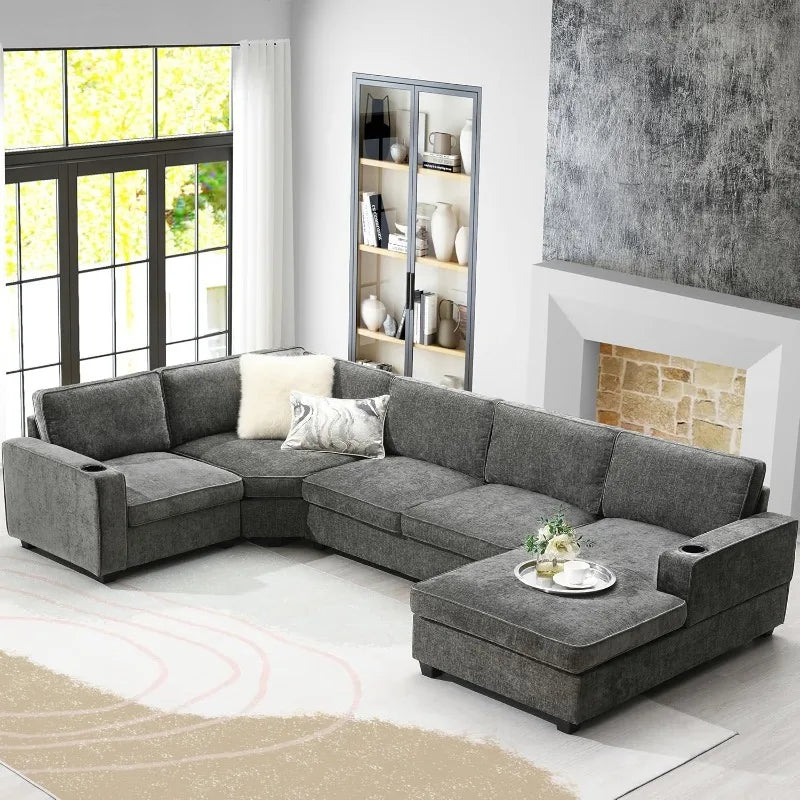 Modern U-Shaped Cloud Couch Set with Oversized Chaise Lounge, with Cup Holders for Living Room Dark Gray